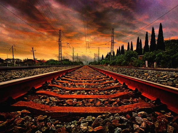 Trilhos Ferroviários Noite — Fotografia de Stock
