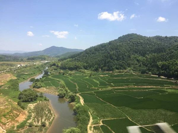 Vista Aérea Campos Arroz Colinas Fondo — Foto de Stock