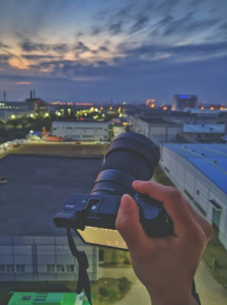 Compuesto Digital Prismáticos Con Vista Ciudad — Foto de Stock