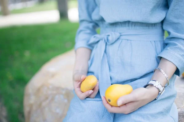 Woman Holding Pear Her Hand — Stock Photo, Image