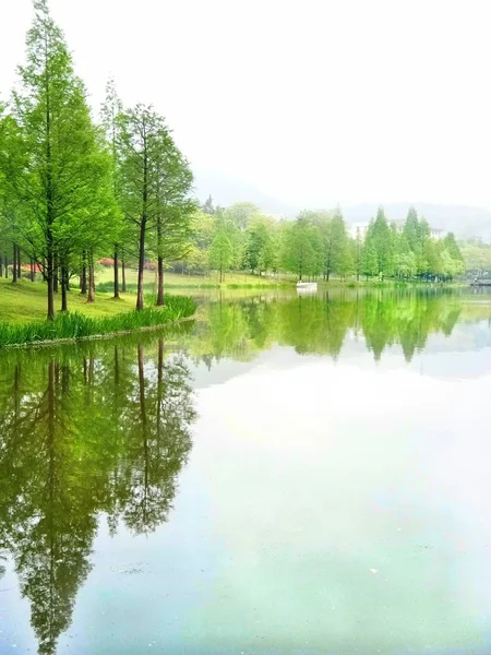 green lake in the park.