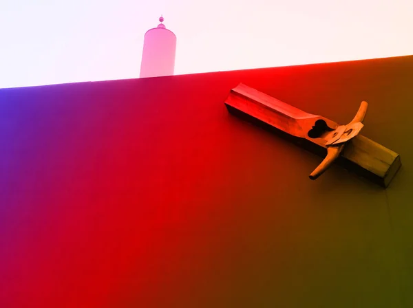 wooden plane on the red background