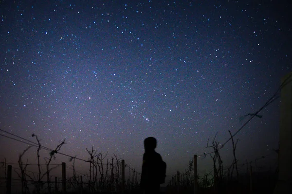 Cielo Nocturno Estrellado Con Estrellas Silueta Hombre — Foto de Stock