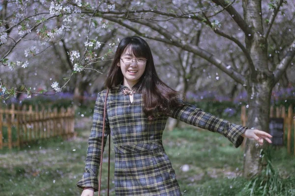 cheerful asian woman in Cherry Blossom garden  at daytime