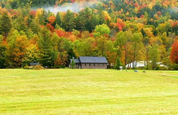 Podzimní Krajina Krásnými Zelenými Stromy Dřevěným Domem — Stock fotografie