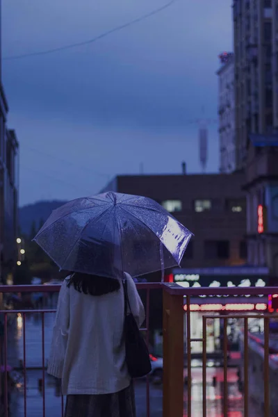 silhouette of a woman with umbrella in the city