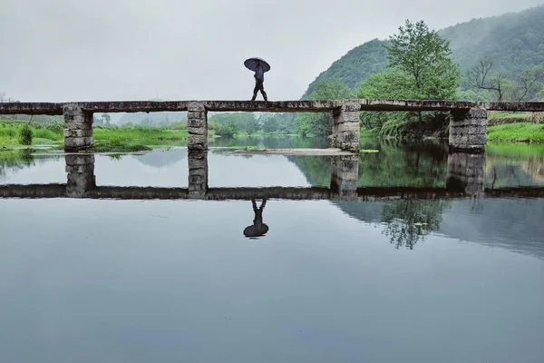 公園内の湖に架かる木製の橋 — ストック写真