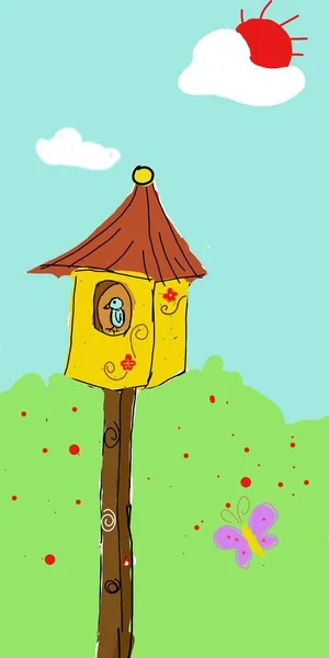 cartoon illustration of a tree with a house