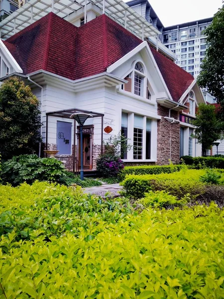 Casa Moderna Com Grama Verde Flores — Fotografia de Stock