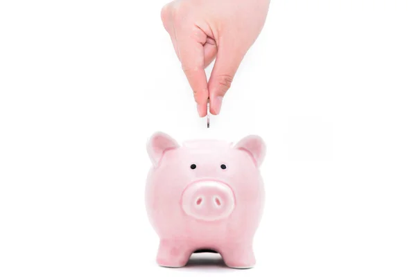 Hand Houden Piggy Bank Geïsoleerd Witte Achtergrond — Stockfoto