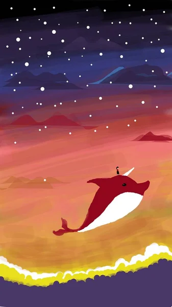 illustration of a whale flying in the night sky