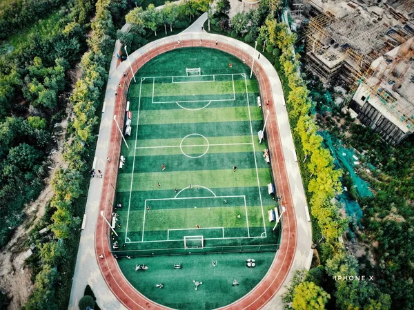 Vista Aérea Parte Superior Del Estadio Con Bandera Ciudad — Foto de Stock