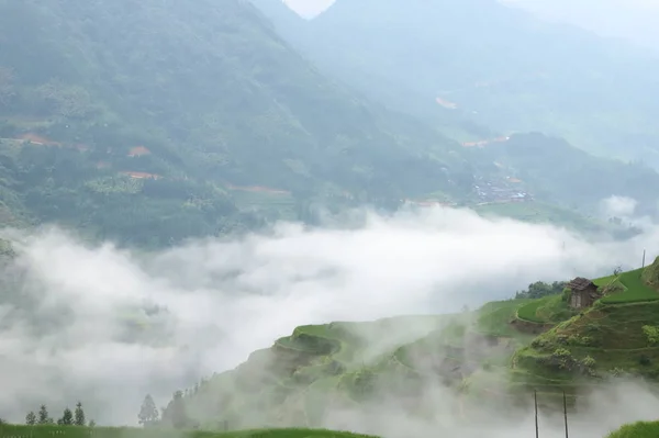 Paisaje Montaña Con Niebla Nubes — Foto de Stock