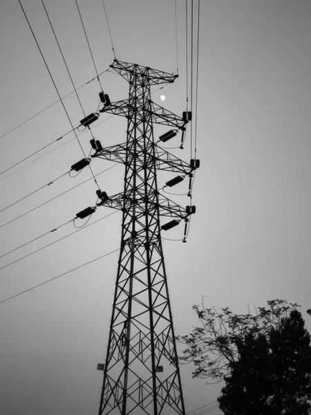Linhas Torre Alta Tensão Elétrica Céu — Fotografia de Stock