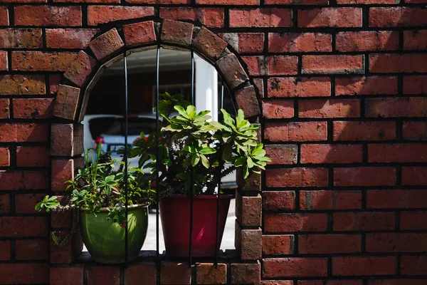 Pared Ladrillo Rojo Con Vaso Flores — Foto de Stock