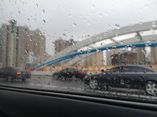 Ventana Cristal Con Gotas Lluvia Tiempo — Foto de Stock