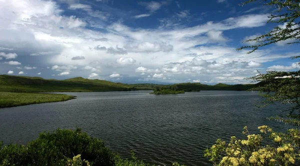 Hermoso Paisaje Con Lago Hierba Verde — Foto de Stock