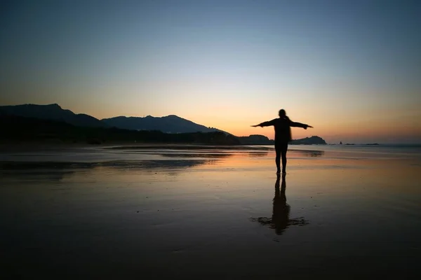 silhouette - reflet - femme - yoga - coucher de soleil - paysage - calme  Stock Vector