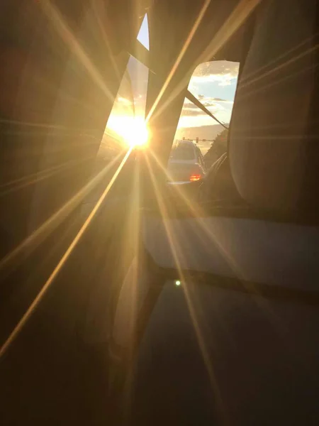 Vista Aérea Ventana Del Avión Con Sol Las Luces — Foto de Stock