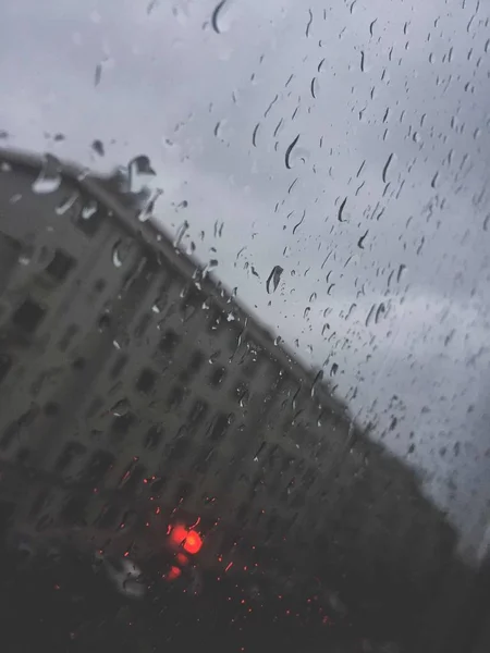 Gotas Lluvia Sobre Vidrio Ventana Húmeda Clima Lluvioso — Foto de Stock