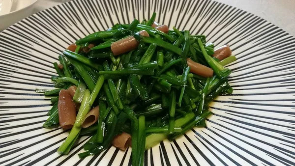 Judías Verdes Plato Negro Con Tenedor — Foto de Stock