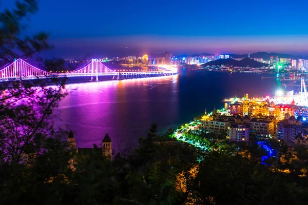 Vista Nocturna Del Puente Torre Cable — Foto de Stock