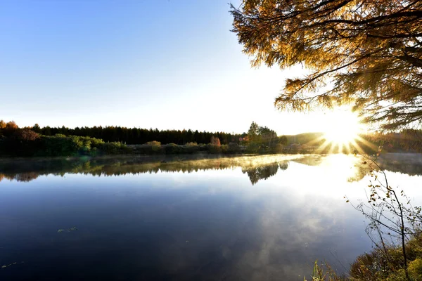 Bela Paisagem Com Lago Manhã — Fotografia de Stock