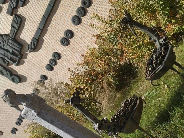 a view of a military helmet on the top of the old building