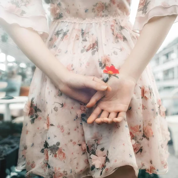 Young Woman Dress Hand Her Belly — Stock Photo, Image