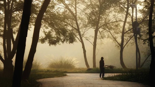 Una Mujer Joven Traje Caminando Parque — Foto de Stock