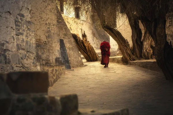 Девушка Красном Платье Прогулки Старом Городе Джерси Израиль — стоковое фото