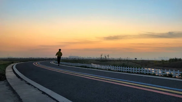 stock image silhouette of a young woman standing on the road in the sunset