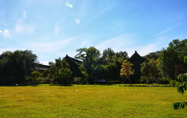 Grama Verde Céu Azul Com Nuvens — Fotografia de Stock