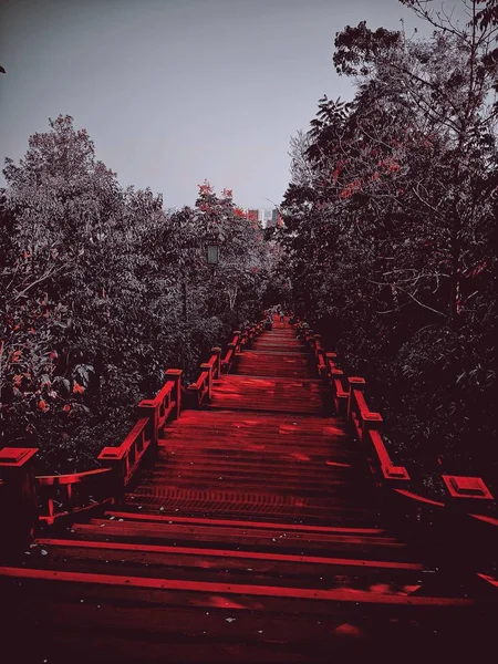 Puente Madera Rojo Blanco Parque — Foto de Stock