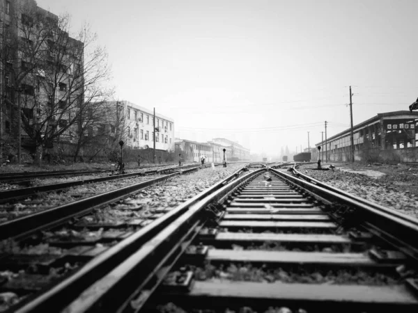 railroad tracks in the fog