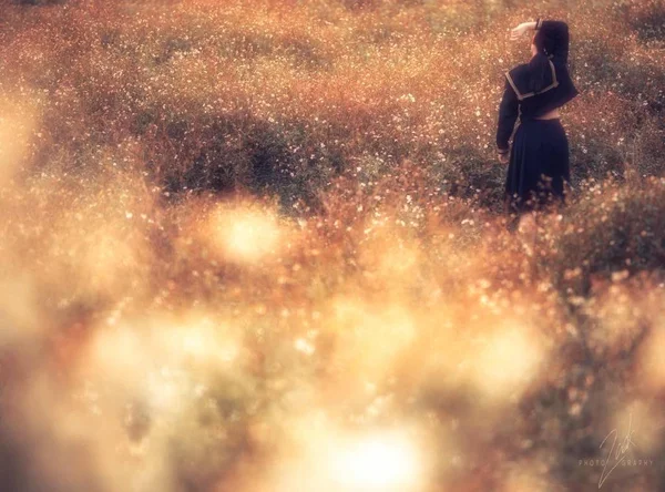 Een Jonge Vrouw Een Veld Met Een Gitaar — Stockfoto