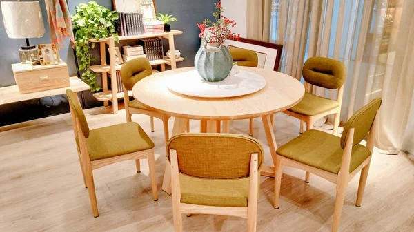 interior of a cafe with a table and chairs