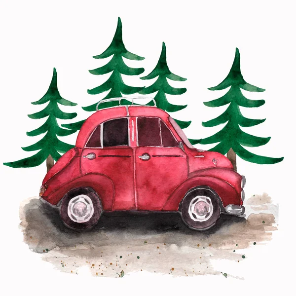 Ręcznie Malowane Vintage Czerwony Samochód Boże Narodzenie Drzew Akwarela Ilustracja — Zdjęcie stockowe