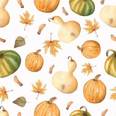 Yaprakları ve beyaz arka plan üzerinde izole kabaklar suluboya sonbahar desen.