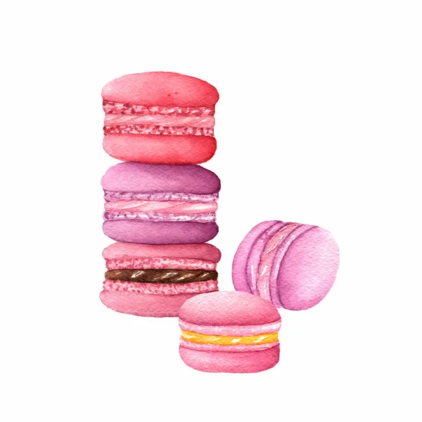 Ensemble Macarons Aquarelle Différents Goûts Collection Variantes Biscuits Français Colorés — Photo