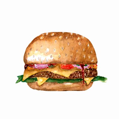 Elle çizilmiş suluboya lezzetli burger illüstrasyon, beyaz arka plan üzerinde izole fastfood