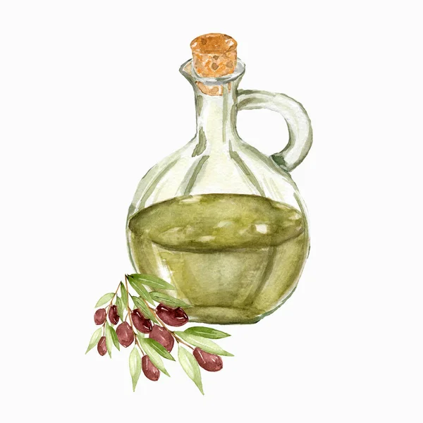 Watercolor Set Bottle Olive Oil Olive Branch Set Isolated Objects — Stock Photo, Image