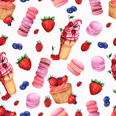 İzole Suluboya Dondurma ile Seamless modeli; çilek, böğürtlen, ahududu, kek ve acıbadem kurabiyesi. El seti boyalı. Yaz arka plan mükemmel kumaş Tekstil veya ambalaj kağıdı.