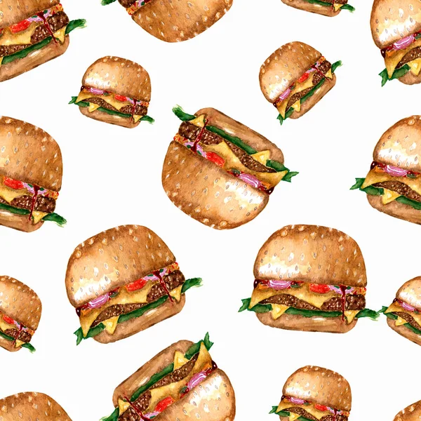 Handgezeichnete Aquarell Köstliche Burger Illustration Fastfood Isoliert Auf Weißem Hintergrund — Stockfoto