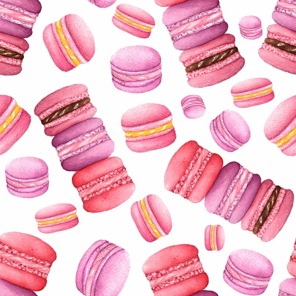 水彩画图案不同口味的马卡龙 品种的集合五颜六色的法国饼干 手绘食品对象查出在白色背景 甜点插图 — 图库照片