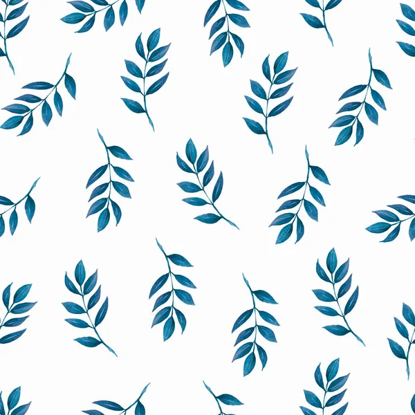 Nahtloses Muster, Hintergrund, Texturdruck mit blauen Aquarellblättern — Stockfoto