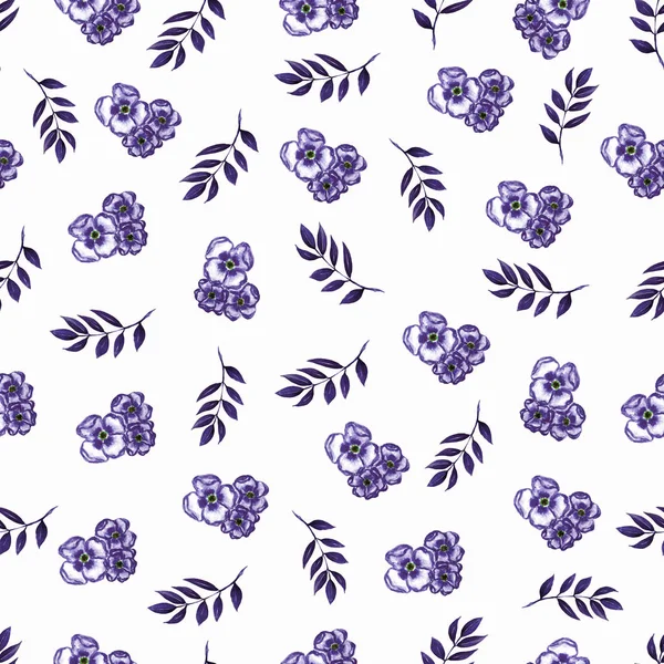 小さい花でかわいい花柄 シームレスな手水彩テクスチャです ファッションのためのエレガントなテンプレートを印刷します 非常に小さな紫の花を印刷します 白い背景 パッケージのデザイン テキスタイル スクラップブッ キングに最適 — ストック写真