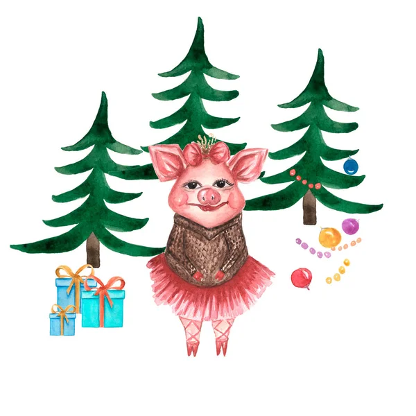 Акварель милые свиньи символов, рождественские деревья — стоковое фото