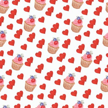 suluboya kek ve Sevgililer kupa desen, çizim, suluboya beyaz izole el. Doğum günü davetiyeleri ve tasarım, kumaş vb. için mükemmel.