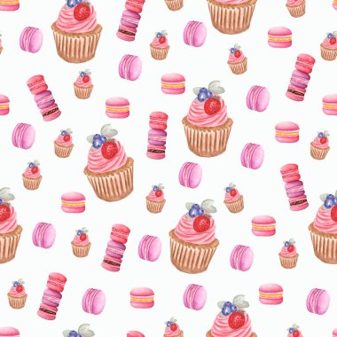 Suluboya farklı tat macaroons ve cupcakes, toplama varyasyon tatlılar kümesi. El Beyaz arka plan üzerinde izole gıda nesneleri boyalı. Tatlı illüstrasyon.